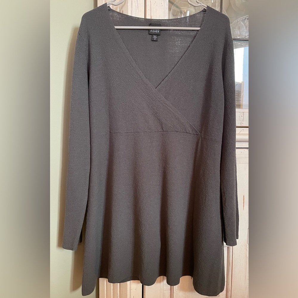 Eileen Fisher dress faux wrap tunic top dark gray 100% wool classic medium